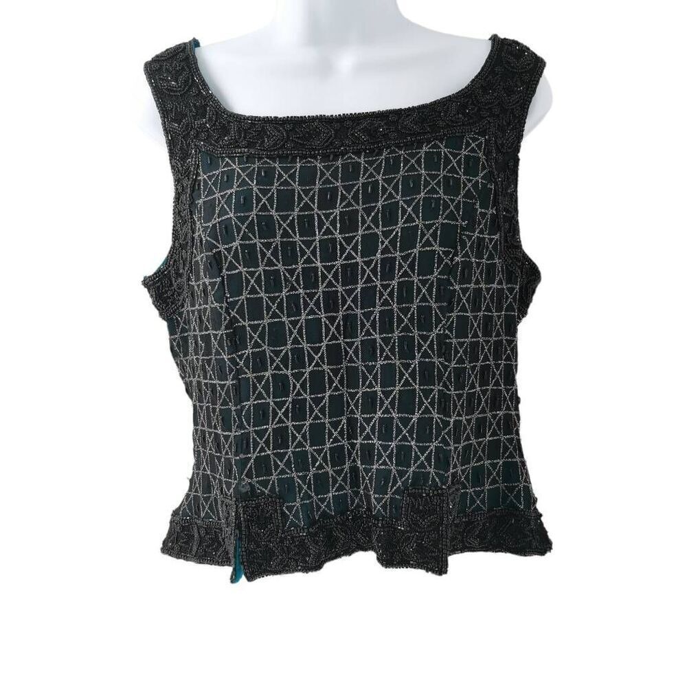 Vintage Teal Silk Sleeveless Top Hand Embellished with Black Beads | Circa 1990s